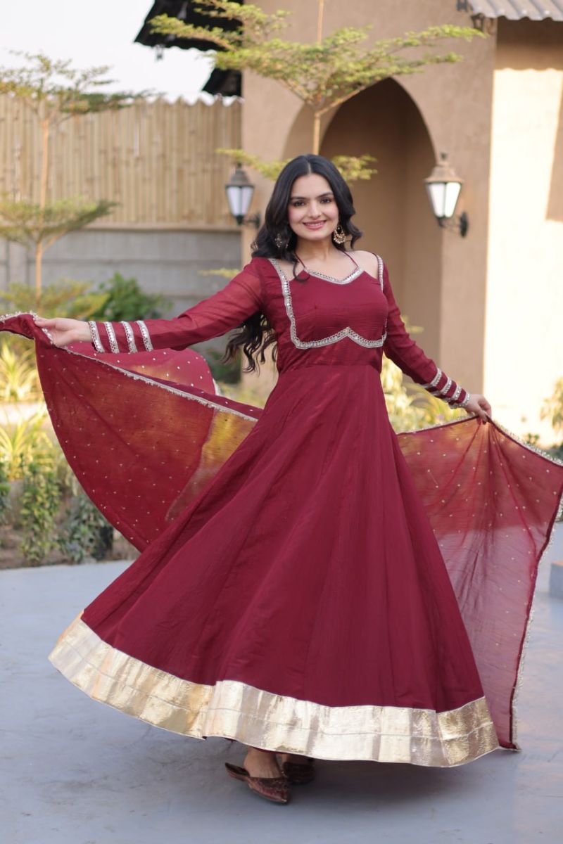 Ka 126Silver 1 Crunchy Mirror Lace Worked Gown With Dupatta Set — Wholesale Kurtis, Vardan Ethnic wholesale from Surat — view 6