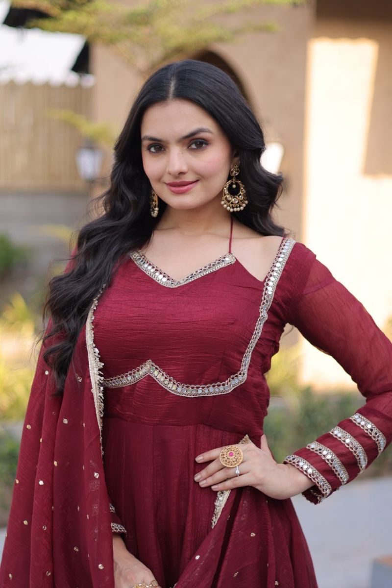 Ka 126Silver 1 Crunchy Mirror Lace Worked Gown With Dupatta Set — Wholesale Kurtis, Vardan Ethnic wholesale from Surat — view 7
