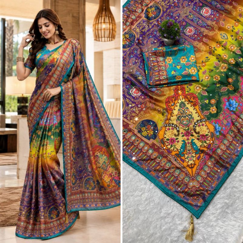 St D No 167 Soft Chinon Silk Peacock Digital Printed Saree