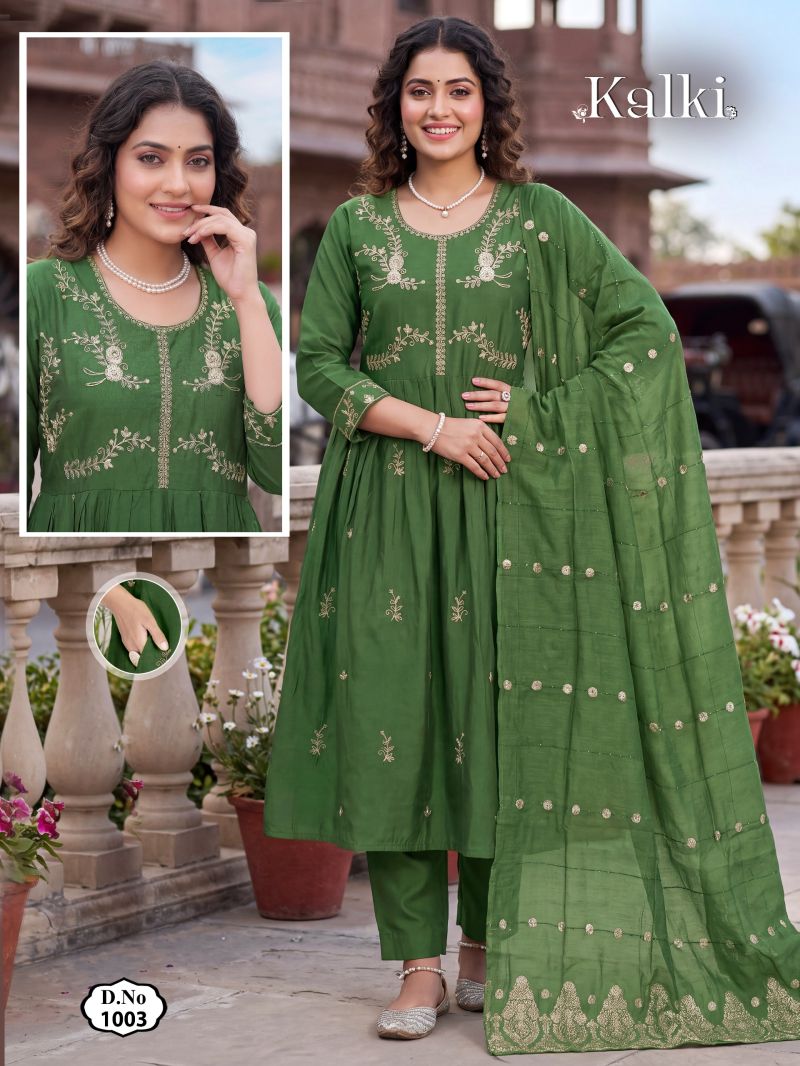 Kalki Vol 2 Roman Silk Plain Dori Sequence Worked Kurti Set — Wholesale Readymade Suit wholesale from Surat — view 2