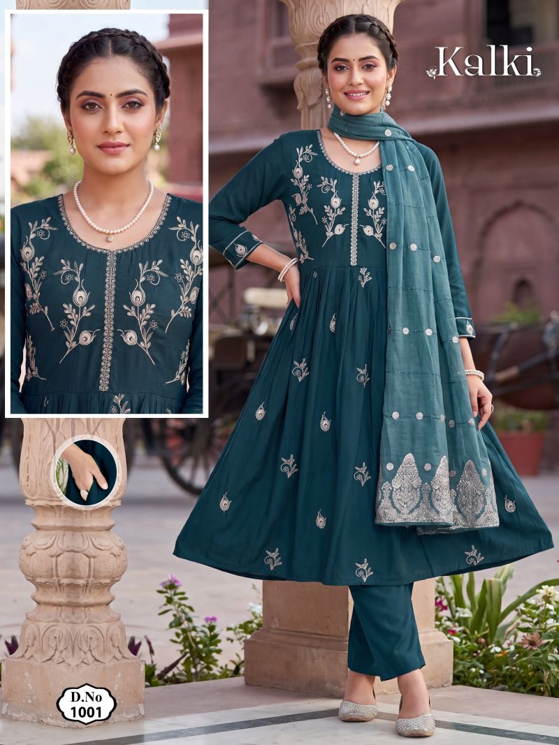Kalki Vol 2 Roman Silk Plain Dori Sequence Worked Kurti Set — Wholesale Readymade Suit wholesale from Surat — view 3