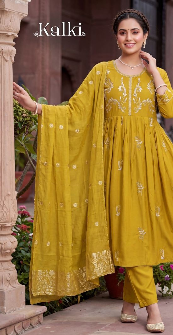 Kalki Vol 2 Roman Silk Plain Dori Sequence Worked Kurti Set