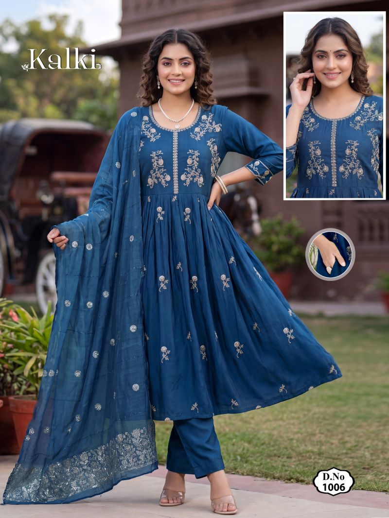 Kalki Vol 2 Roman Silk Plain Dori Sequence Worked Kurti Set — Wholesale Readymade Suit wholesale from Surat — view 6