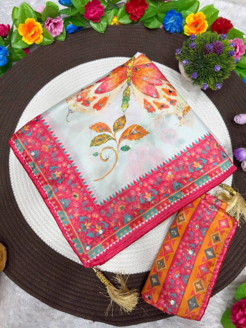St D No 177 Soft Chinon Silk Butterfly Digital Printed Saree