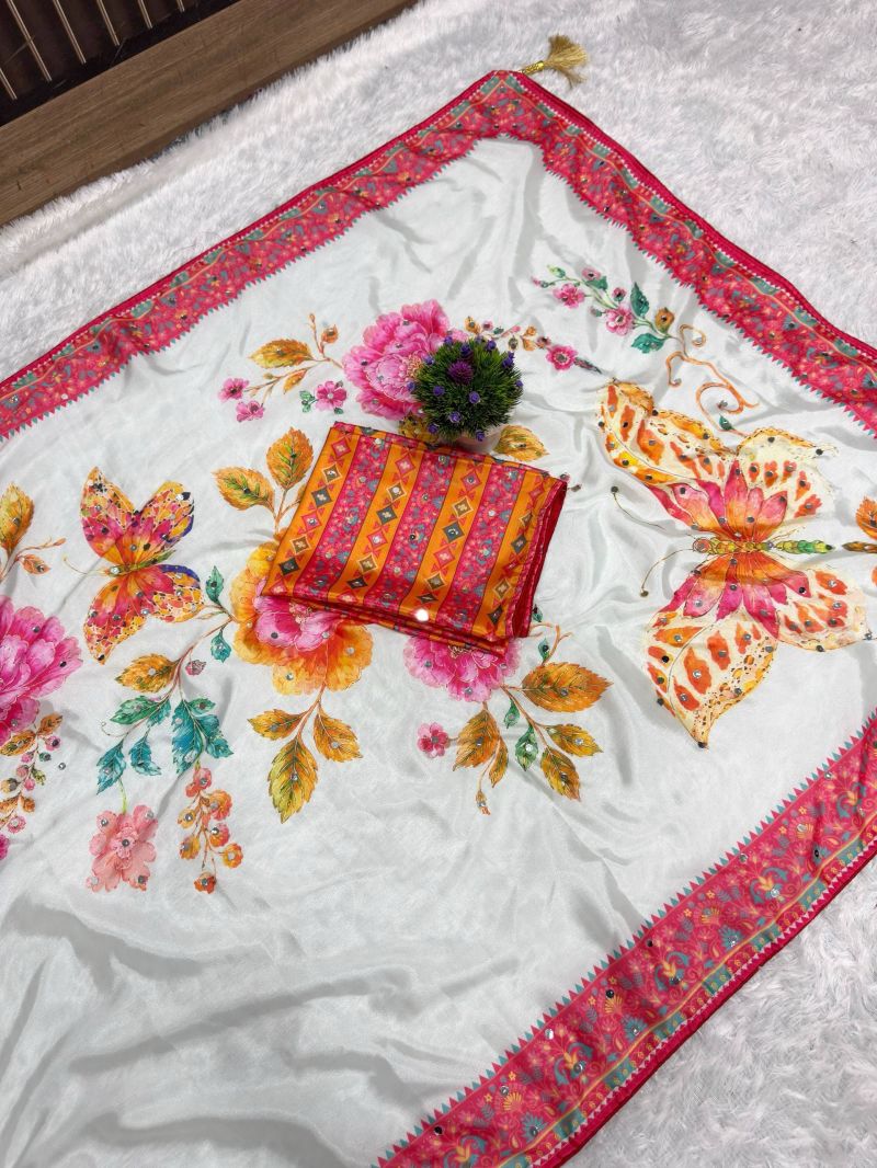 St D No 177 Soft Chinon Silk Butterfly Digital Printed Saree — Organza Saree wholesale from Surat - Gallery Image 2