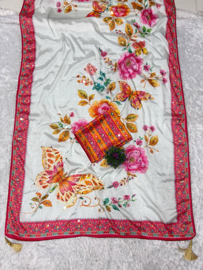 St D No 177 Soft Chinon Silk Butterfly Digital Printed Saree — Organza Saree wholesale from Surat — view 3