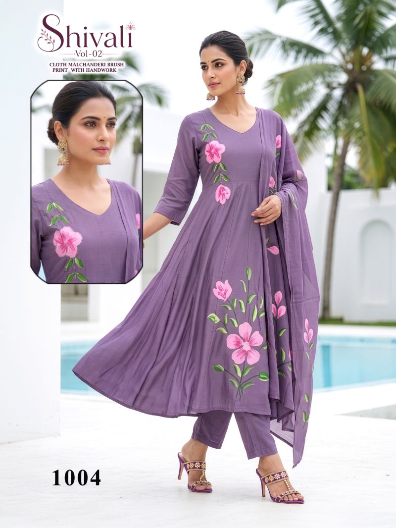 Shivali Vol 3 Mul Chanderi Handworked Kurti With Bottom Dupatta Set — Wholesale Readymade Suit, Vardan Ethnic wholesale from Surat — view 2