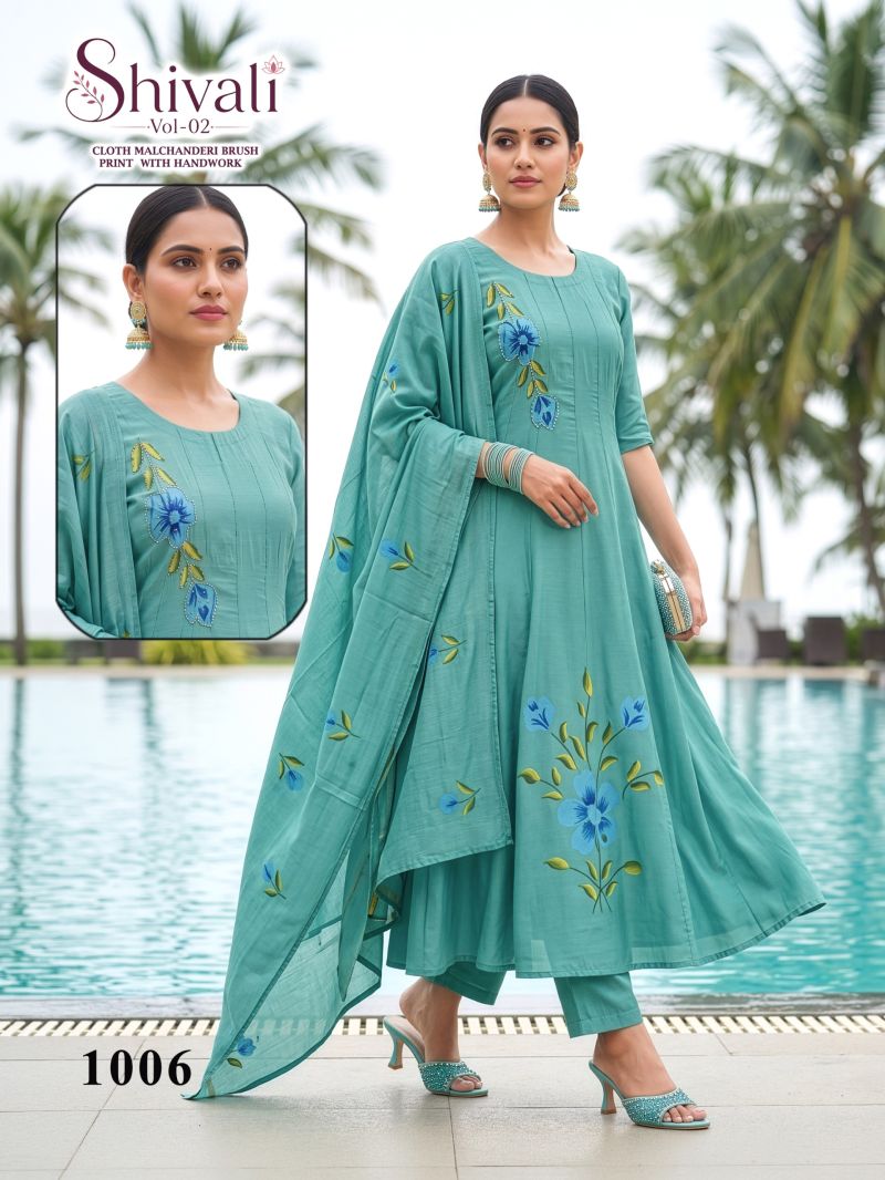 Shivali Vol 3 Mul Chanderi Handworked Kurti With Bottom Dupatta Set — Wholesale Readymade Suit, Vardan Ethnic wholesale from Surat — view 3