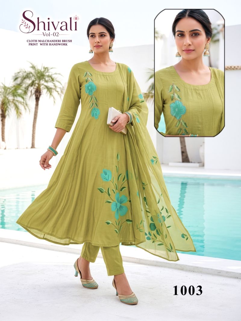 Shivali Vol 3 Mul Chanderi Handworked Kurti With Bottom Dupatta Set