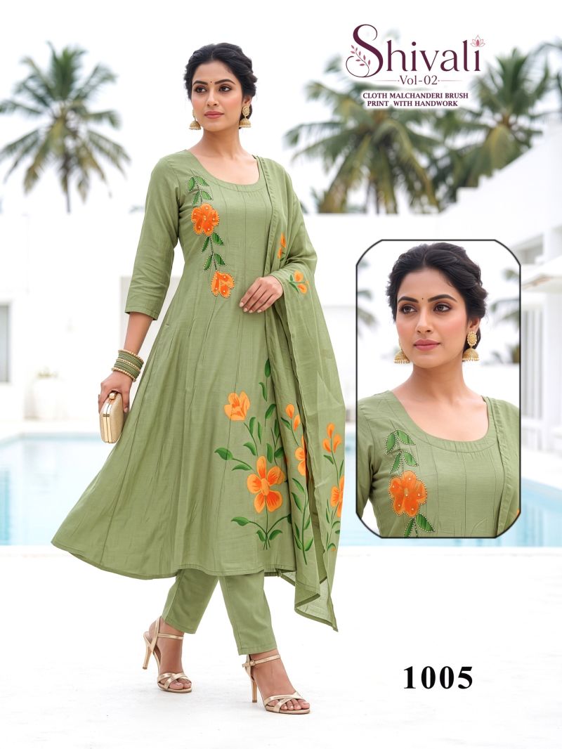 Shivali Vol 3 Mul Chanderi Handworked Kurti With Bottom Dupatta Set — Wholesale Readymade Suit, Vardan Ethnic wholesale from Surat — view 4