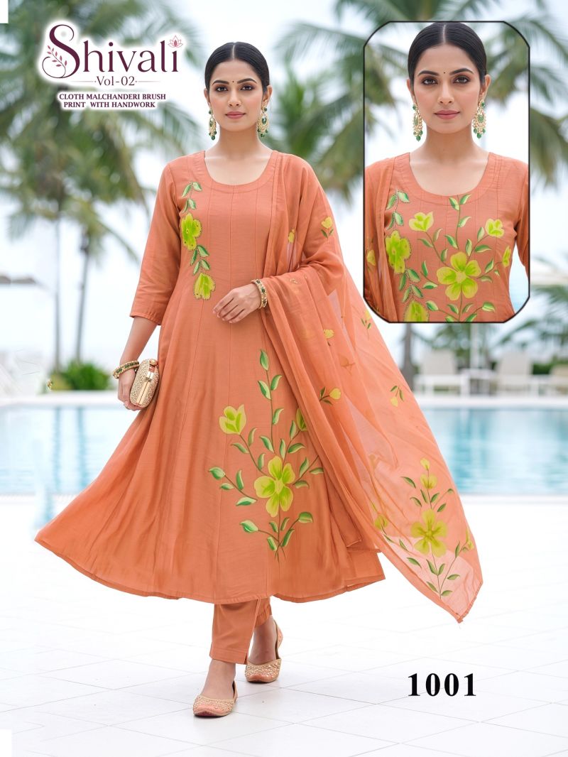 Shivali Vol 3 Mul Chanderi Handworked Kurti With Bottom Dupatta Set — Wholesale Readymade Suit, Vardan Ethnic wholesale from Surat — view 5