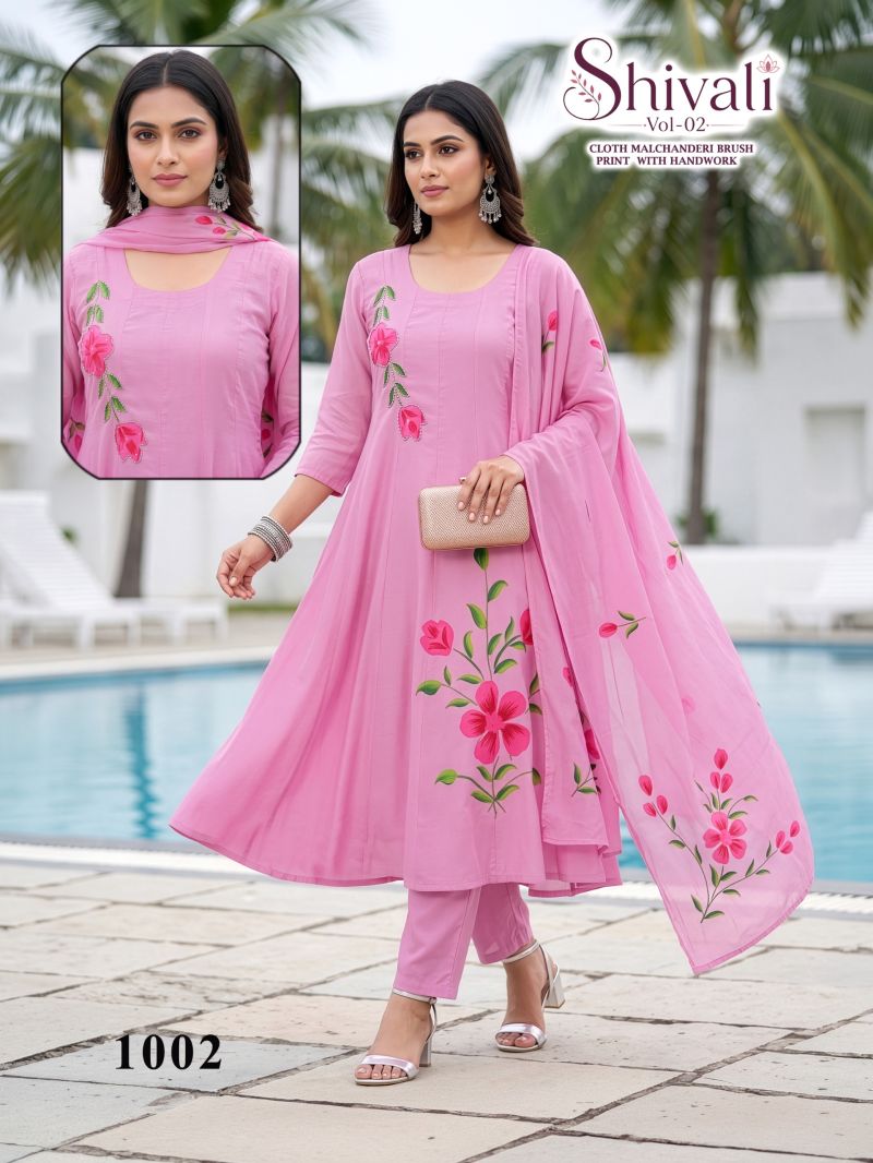 Shivali Vol 3 Mul Chanderi Handworked Kurti With Bottom Dupatta Set — Wholesale Readymade Suit, Vardan Ethnic wholesale from Surat — view 6