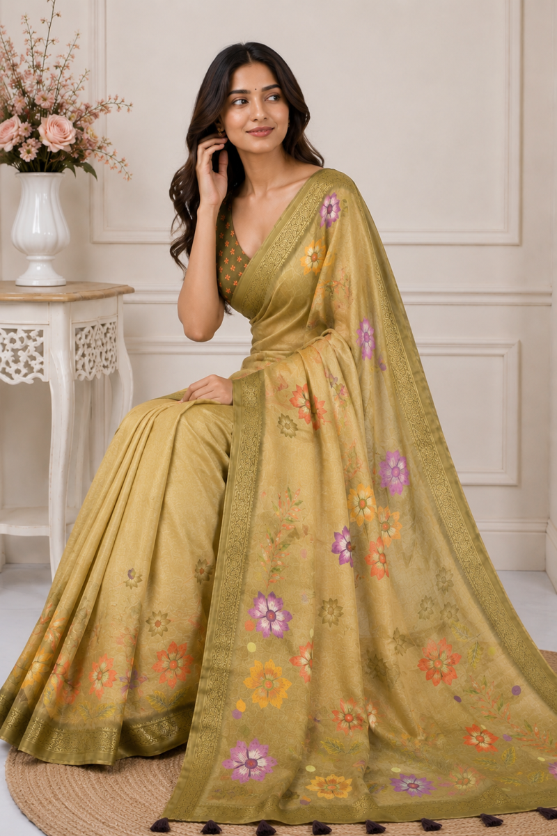Mv Vis 23 Kanjivaram Silk Floral Printed Fancy Saree Catalog — Organza Saree, Vardan Ethnic wholesale from Surat — view 5