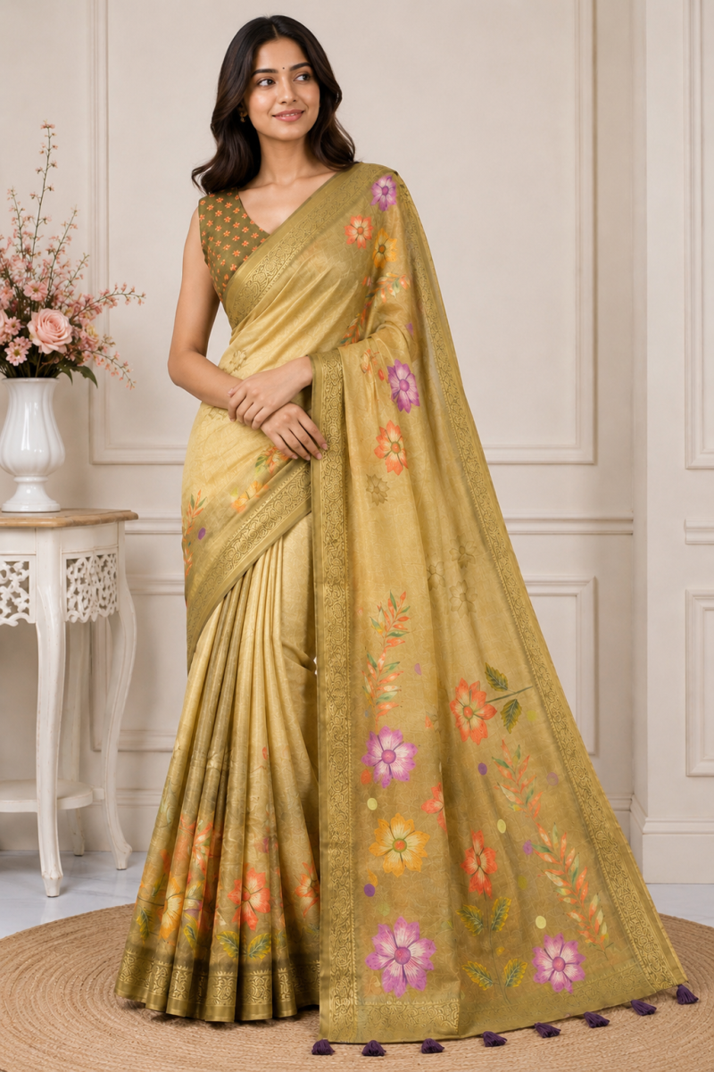 Mv Vis 23 Kanjivaram Silk Floral Printed Fancy Saree Catalog — Organza Saree, Vardan Ethnic wholesale from Surat — view 6