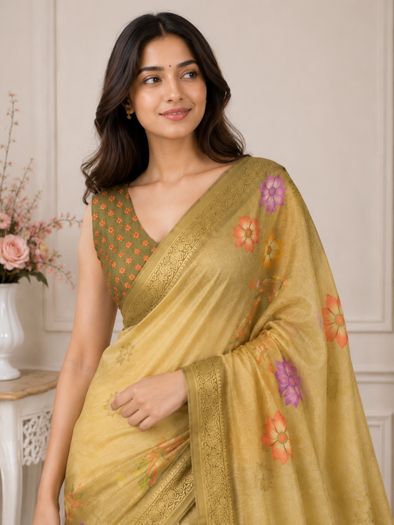 Mv Vis 23 Kanjivaram Silk Floral Printed Fancy Saree Catalog — Organza Saree, Vardan Ethnic wholesale from Surat — view 2