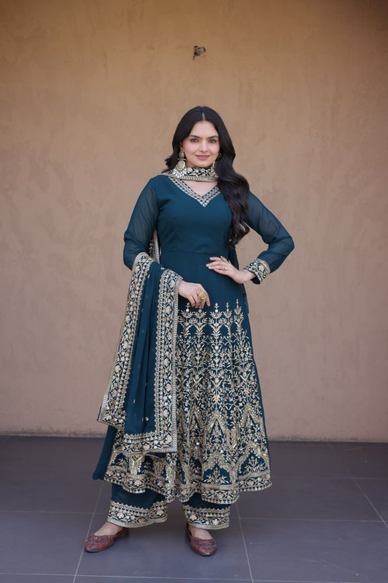 Ka 1254 Faux Blooming E mbroidered Kurti With Bottom Dupatt Set