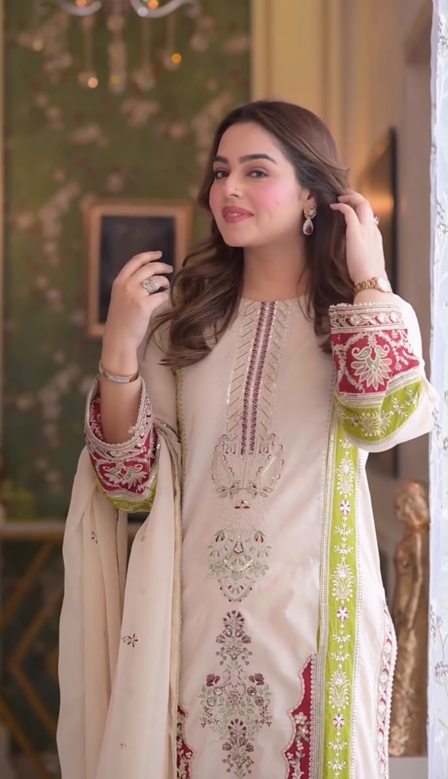 AME Designer Roman Silk Kurti Pant with Embroidered Dupatta Set