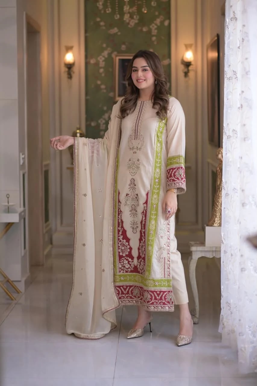 AME Designer Roman Silk Kurti Pant with Embroidered Dupatta Set — Wholesale Kurtis, Vardan Ethnic wholesale from Surat — view 2