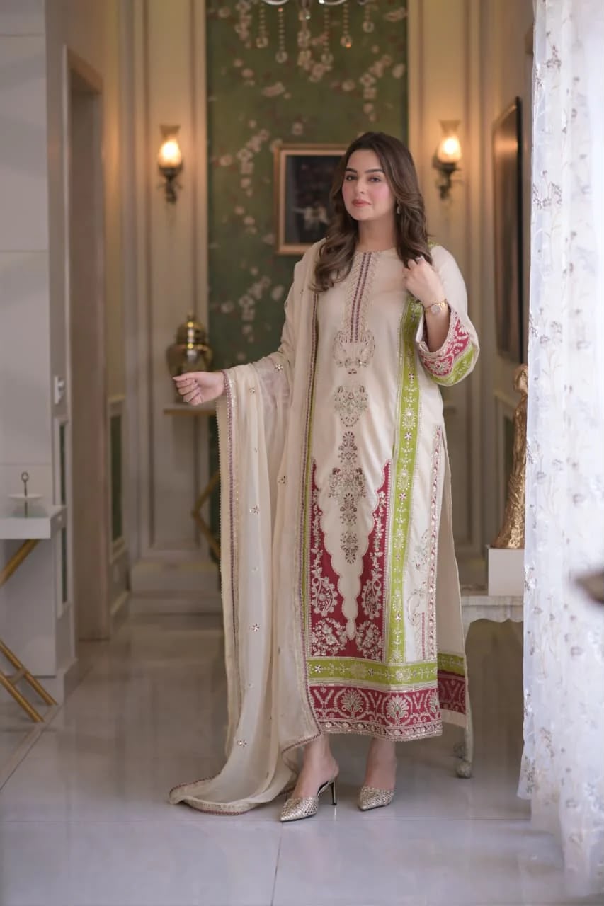 AME Designer Roman Silk Kurti Pant with Embroidered Dupatta Set — Wholesale Kurtis, Vardan Ethnic wholesale from Surat — view 3