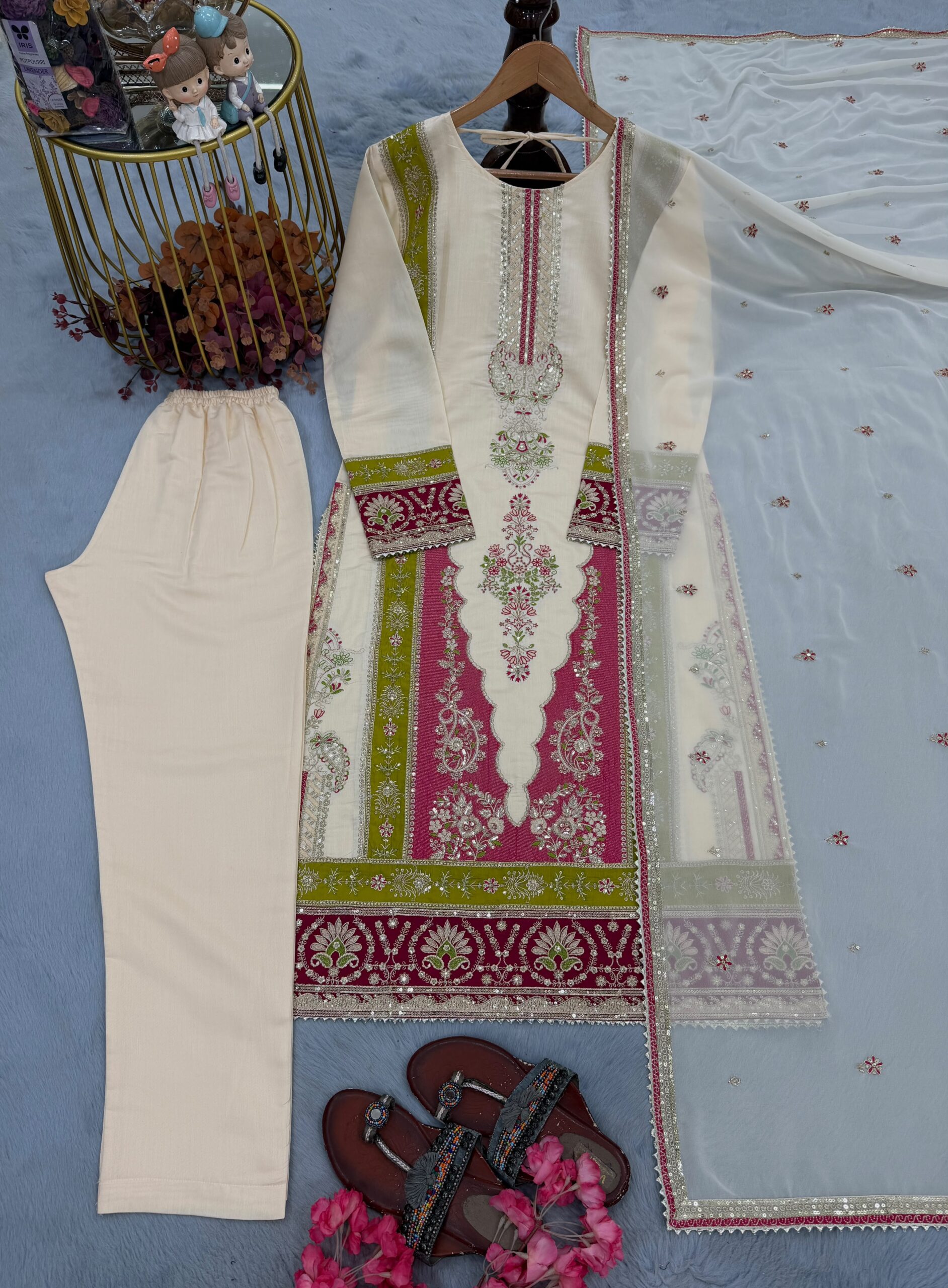 AME Designer Roman Silk Kurti Pant with Embroidered Dupatta Set — Wholesale Kurtis, Vardan Ethnic wholesale from Surat — view 4