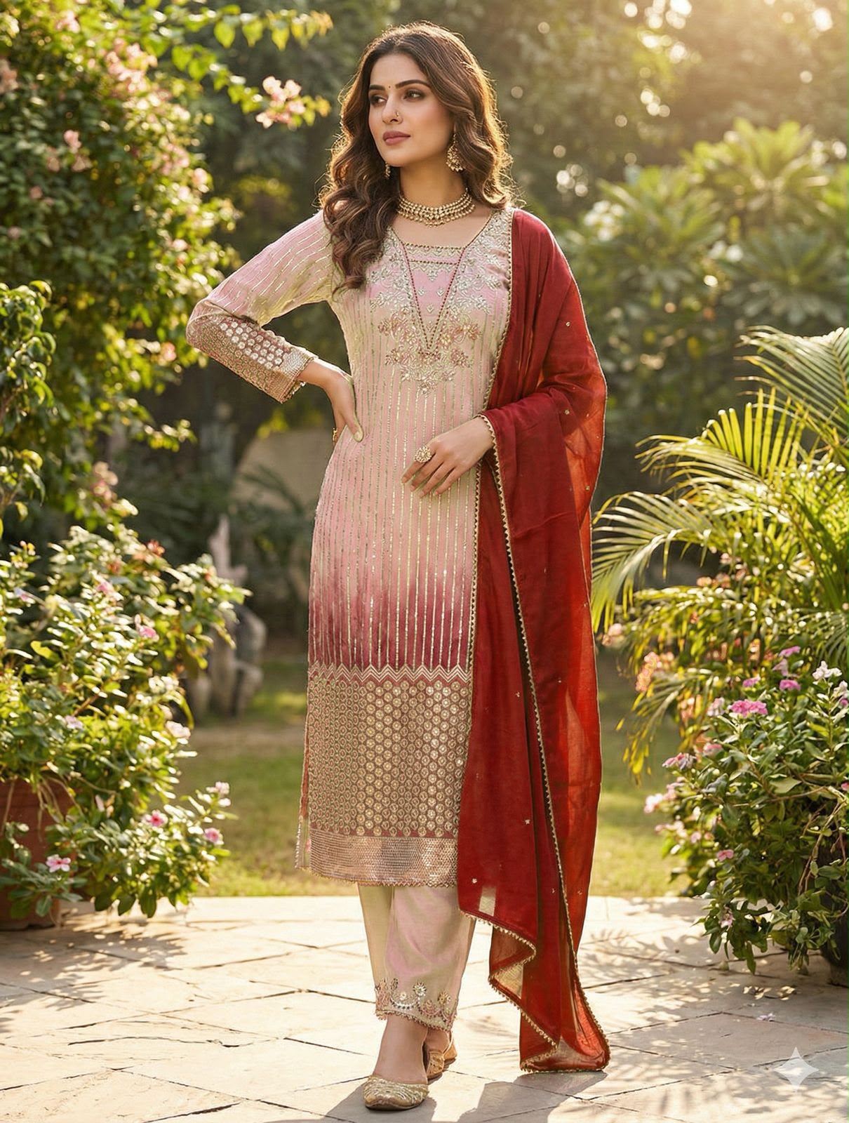 BE-445 Designer Chinon Kurti Pant with Dupatta Set