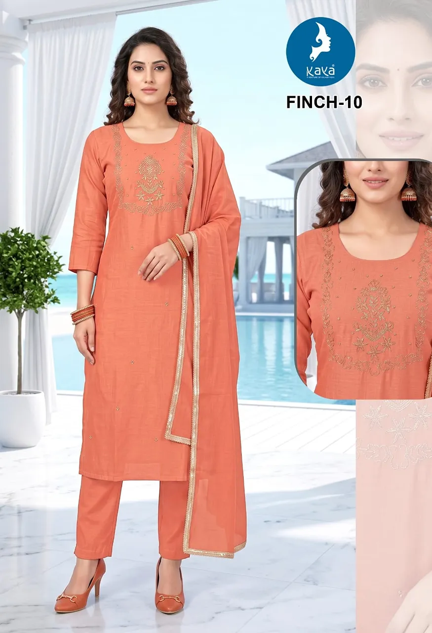 3 Piece Straight Cut Suit Set  Coral Silk Top &amp; Dupatta with Roman Silk Bottom — Wholesale Readymade Suit, Kaya wholesale from Surat — view 10