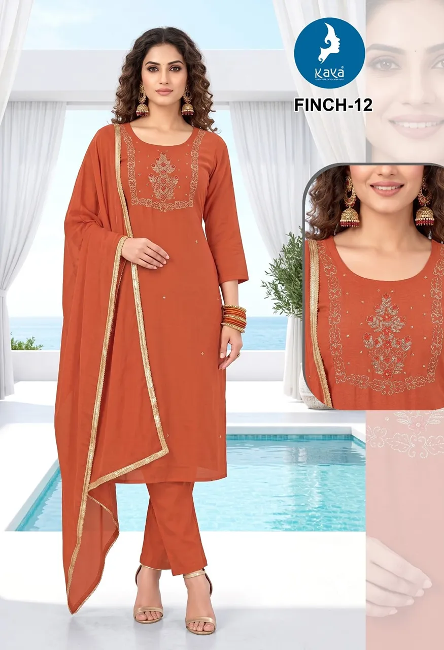 3 Piece Straight Cut Suit Set  Coral Silk Top &amp; Dupatta with Roman Silk Bottom — Wholesale Readymade Suit, Kaya wholesale from Surat — view 13