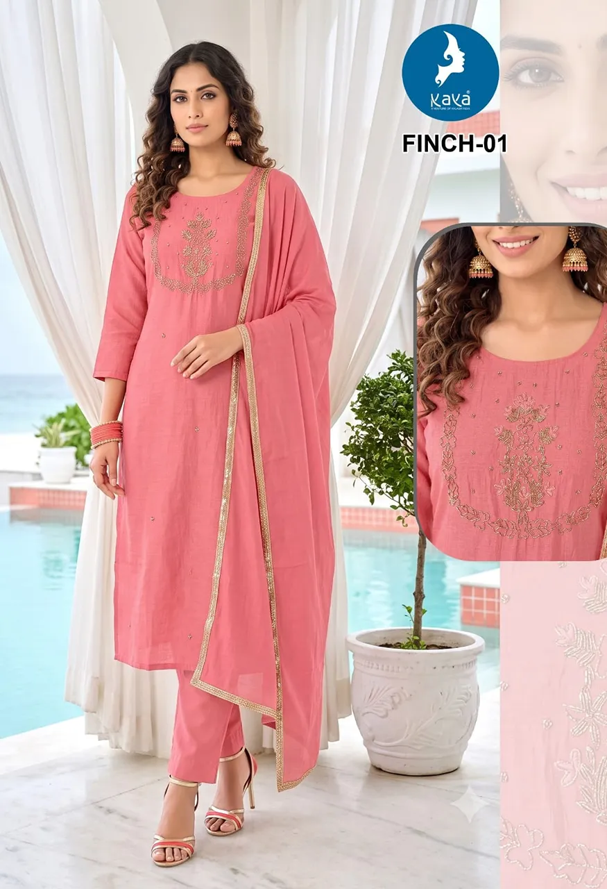 3 Piece Straight Cut Suit Set  Coral Silk Top &amp; Dupatta with Roman Silk Bottom — Wholesale Readymade Suit, Kaya wholesale from Surat — view 14