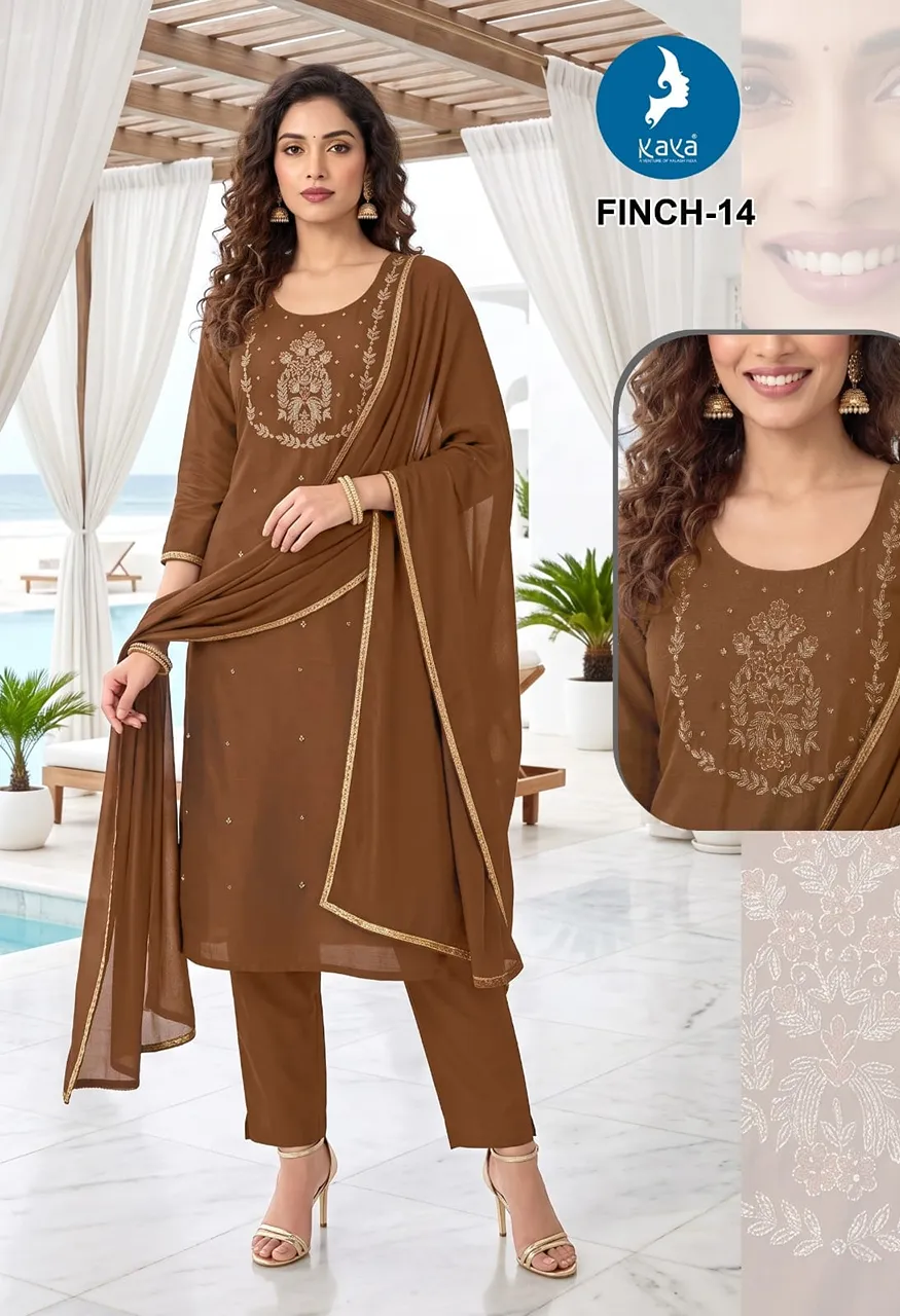 3 Piece Straight Cut Suit Set  Coral Silk Top &amp; Dupatta with Roman Silk Bottom — Wholesale Readymade Suit, Kaya wholesale from Surat — view 16