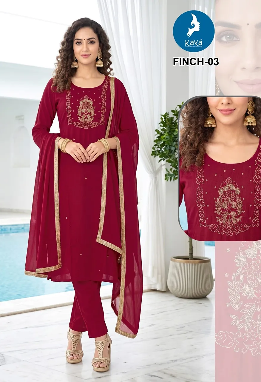 3 Piece Straight Cut Suit Set  Coral Silk Top &amp; Dupatta with Roman Silk Bottom — Wholesale Readymade Suit, Kaya wholesale from Surat — view 3