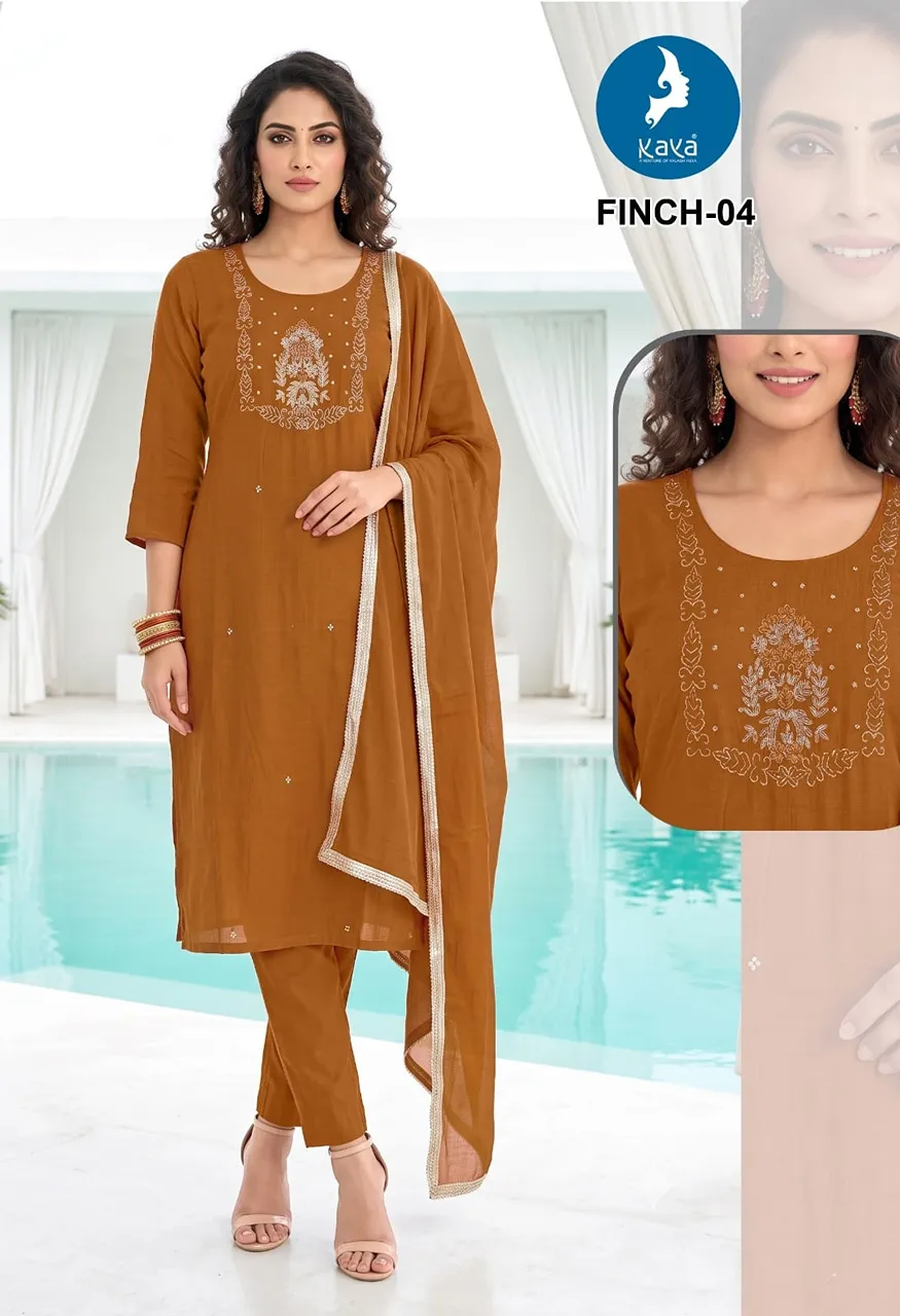 3 Piece Straight Cut Suit Set  Coral Silk Top &amp; Dupatta with Roman Silk Bottom — Wholesale Readymade Suit, Kaya wholesale from Surat — view 4