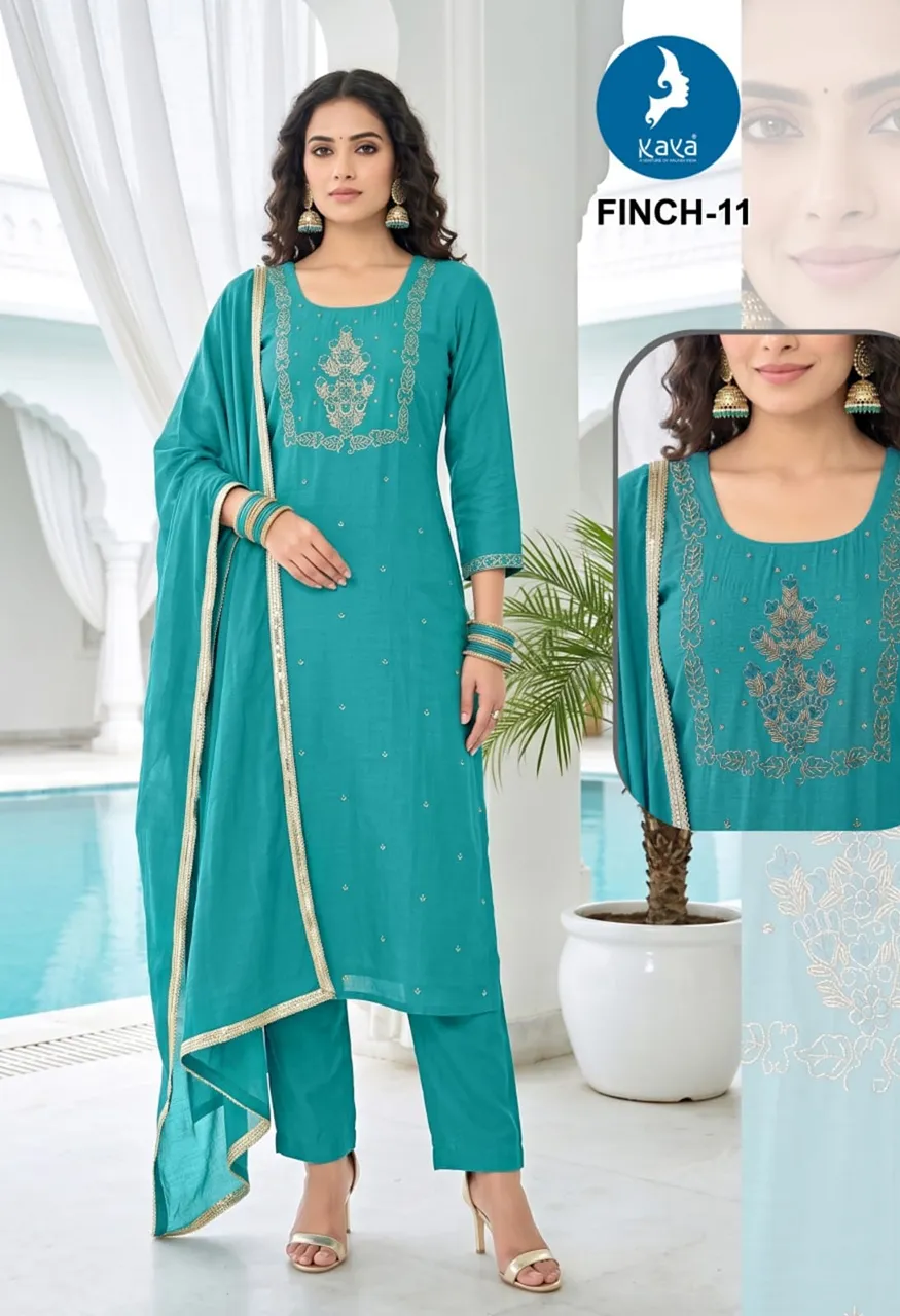3 Piece Straight Cut Suit Set  Coral Silk Top &amp; Dupatta with Roman Silk Bottom — Wholesale Readymade Suit, Kaya wholesale from Surat — view 6