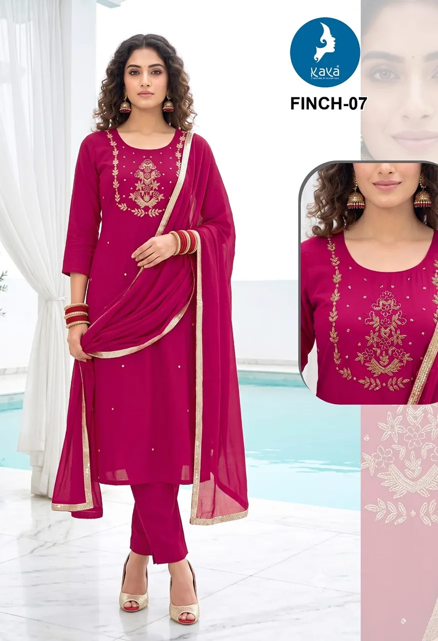 3 Piece Straight Cut Suit Set  Coral Silk Top &amp; Dupatta with Roman Silk Bottom — Wholesale Readymade Suit, Kaya wholesale from Surat — view 9