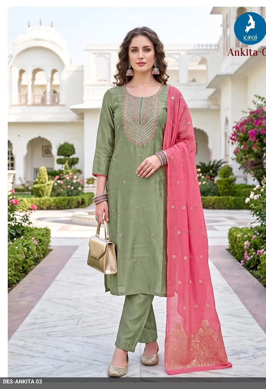 Roman Glass Top & Bottom with Banarasi Jacquard Dupatta Set — Wholesale Readymade Suit, Kaya wholesale from Surat — Photo 4