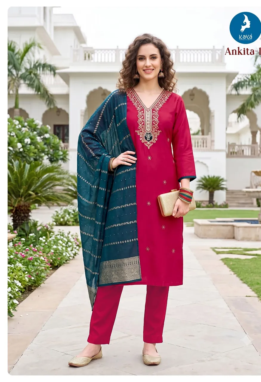 Roman Glass Top & Bottom with Banarasi Jacquard Dupatta Set — Wholesale Readymade Suit, Kaya wholesale from Surat — Photo 9