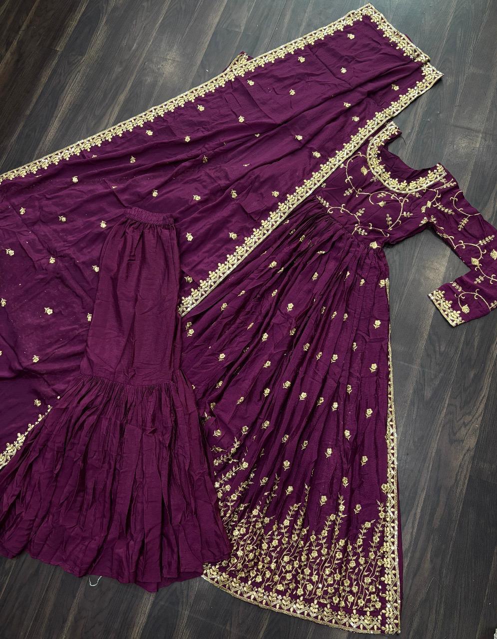 Women's Chinon Sequins Embroidered Sharara Suit Set with Dupatta