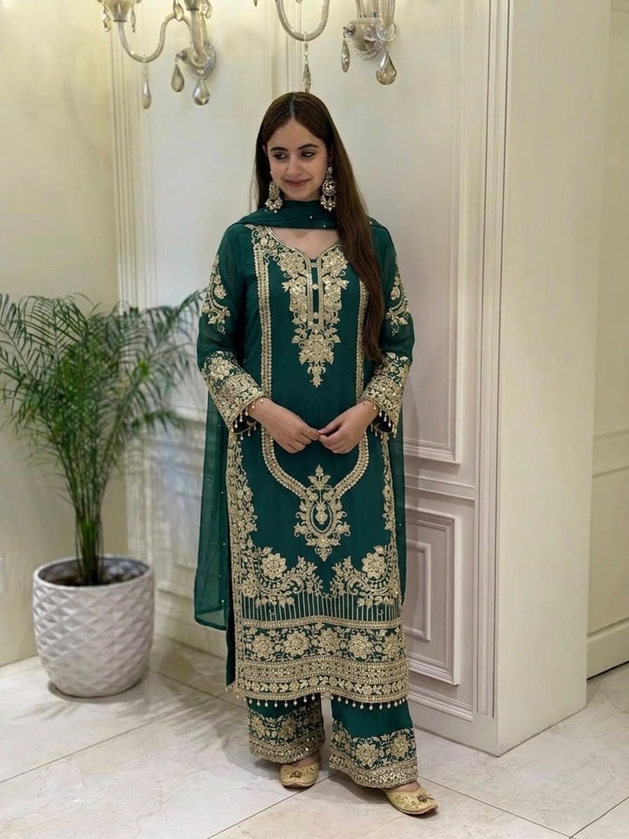 Nivara Heavy Embroidered Faux Georgette Suit Set with Lace Border Dupatta Set — Wholesale Kurtis, Vardan Ethnic wholesale from Surat - Gallery Image 2