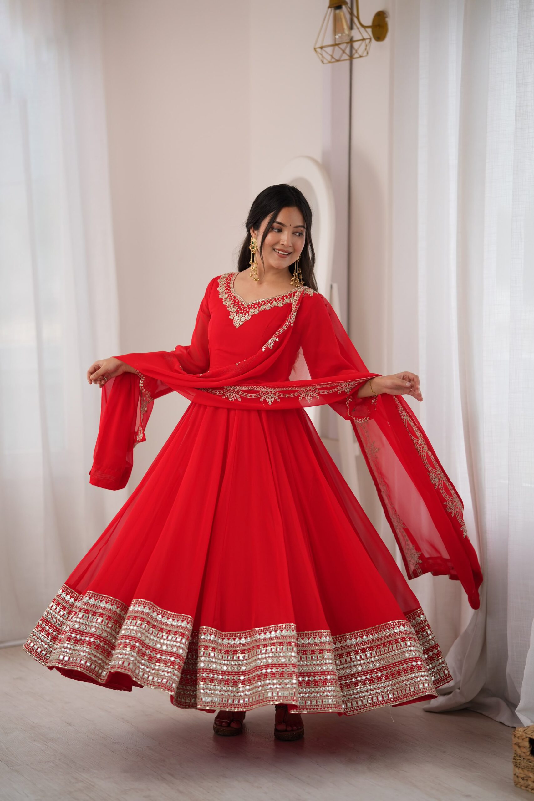 Nivara Heavy Georgette Paper Mirror Embroidered Gown With Pant & Dupatta Set