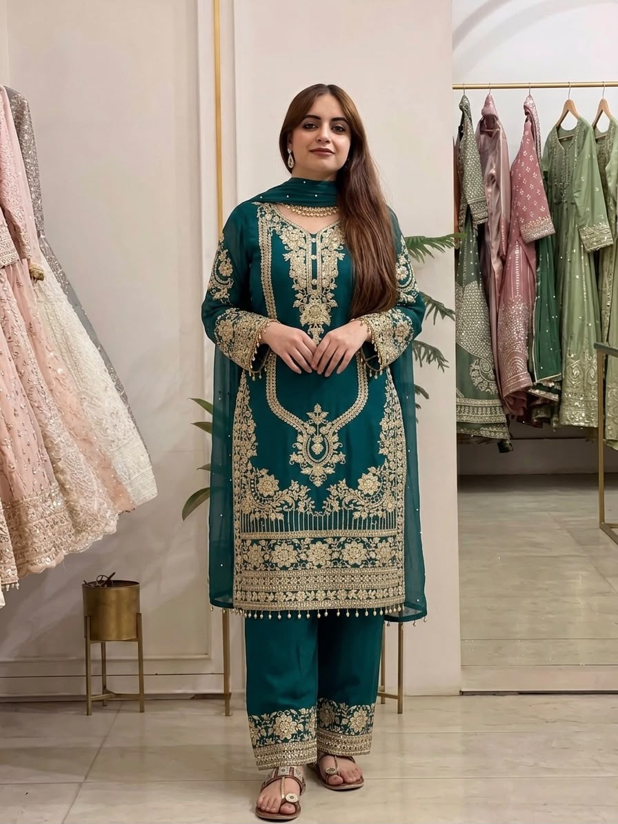 Nivara Heavy Embroidered Faux Georgette Suit Set with Lace Border Dupatta Set — Wholesale Kurtis, Vardan Ethnic wholesale from Surat - Gallery Image 3