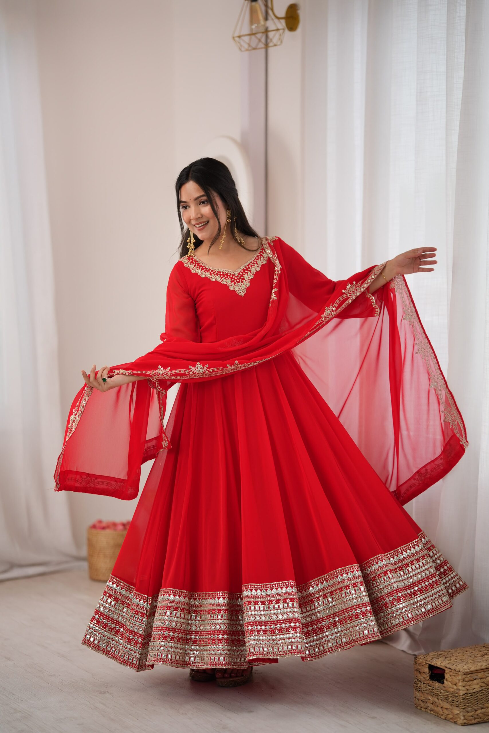 Nivara Heavy Georgette Paper Mirror Embroidered Gown With Pant &amp; Dupatta Set — Singles, Vardan Ethnic wholesale from Surat — view 3