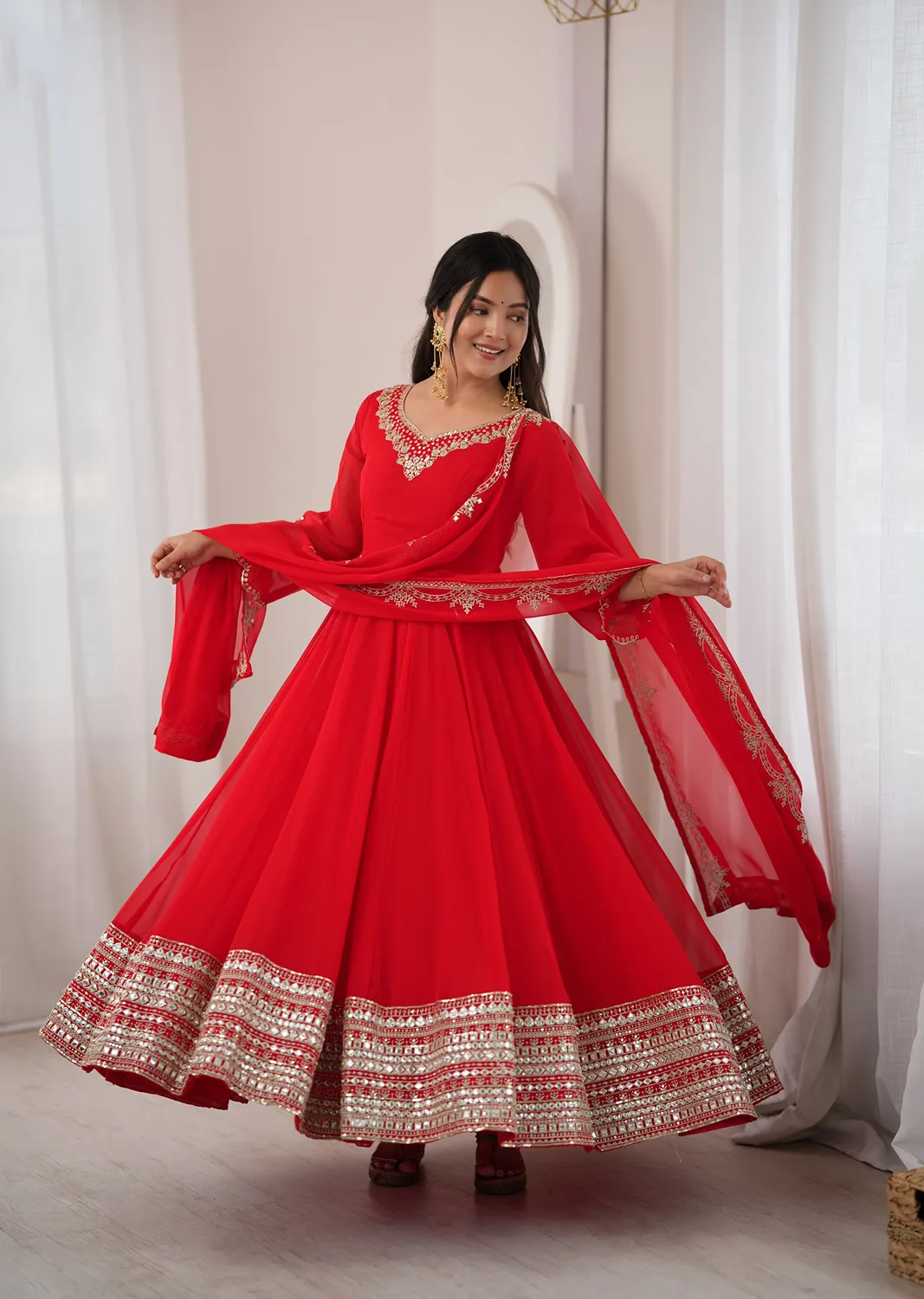 Nivara Heavy Georgette Paper Mirror Embroidered Gown With Pan Dupatta Set