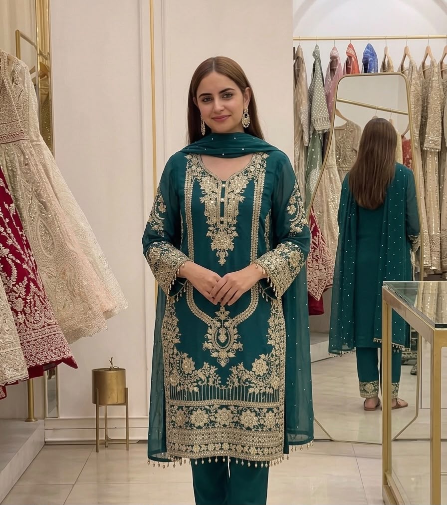 Nivara Heavy Embroidered Faux Georgette Suit Set with Lace Border Dupatta Set — Wholesale Kurtis, Vardan Ethnic wholesale from Surat - Gallery Image 4