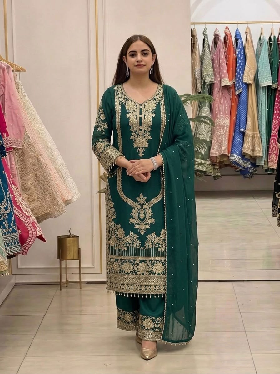 Nivara Heavy Embroidered Faux Georgette Suit Set with Lace Border Dupatta Set