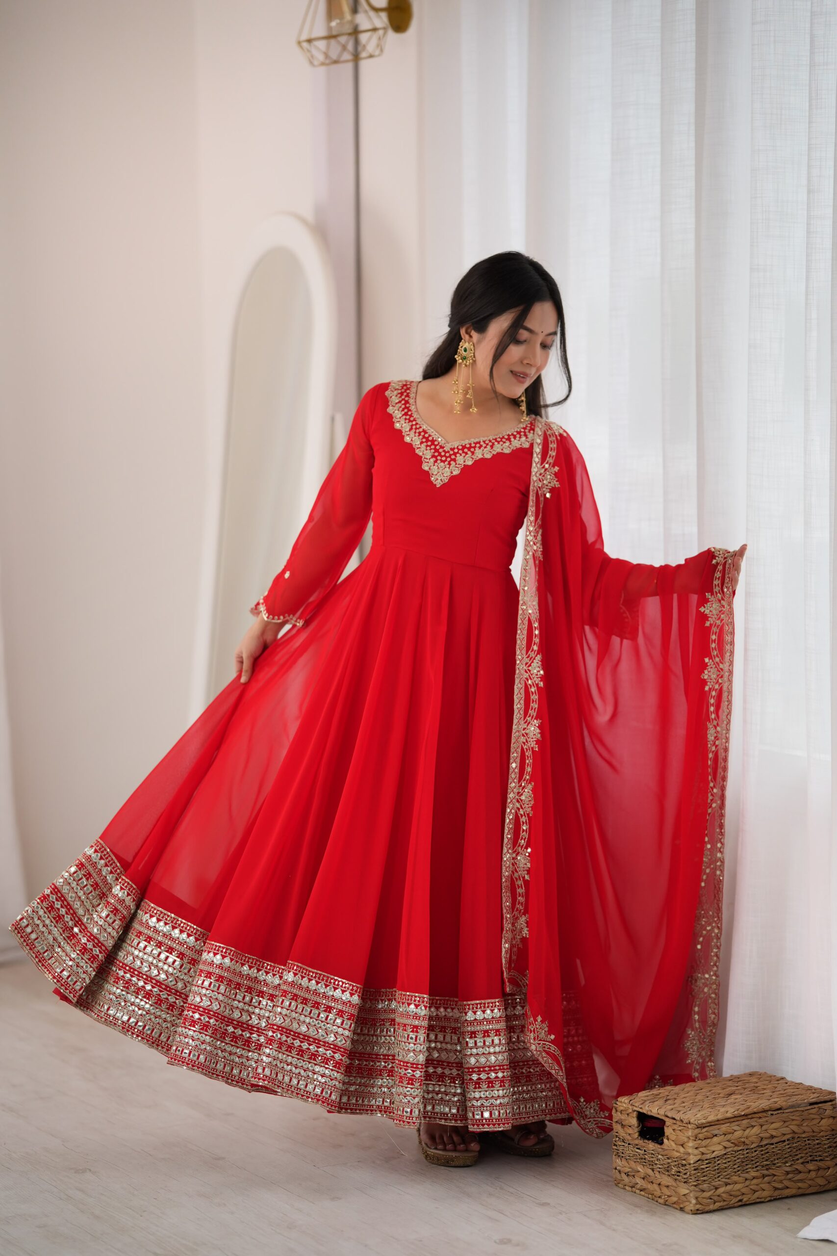 Nivara Heavy Georgette Paper Mirror Embroidered Gown With Pant &amp; Dupatta Set — Singles, Vardan Ethnic wholesale from Surat — view 5