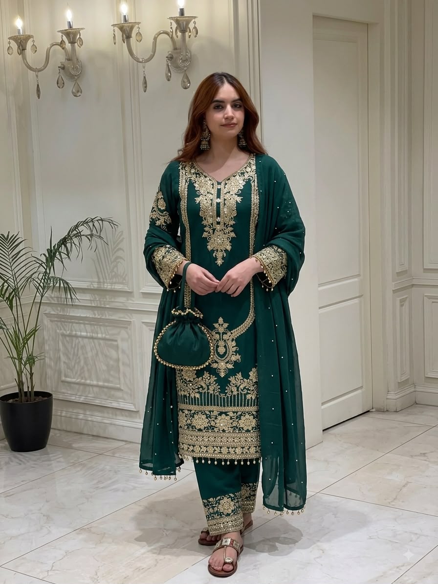 Nivara Heavy Embroidered Faux Georgette Suit Set with Lace Border Dupatta Set — Wholesale Kurtis, Vardan Ethnic wholesale from Surat - Gallery Image 6