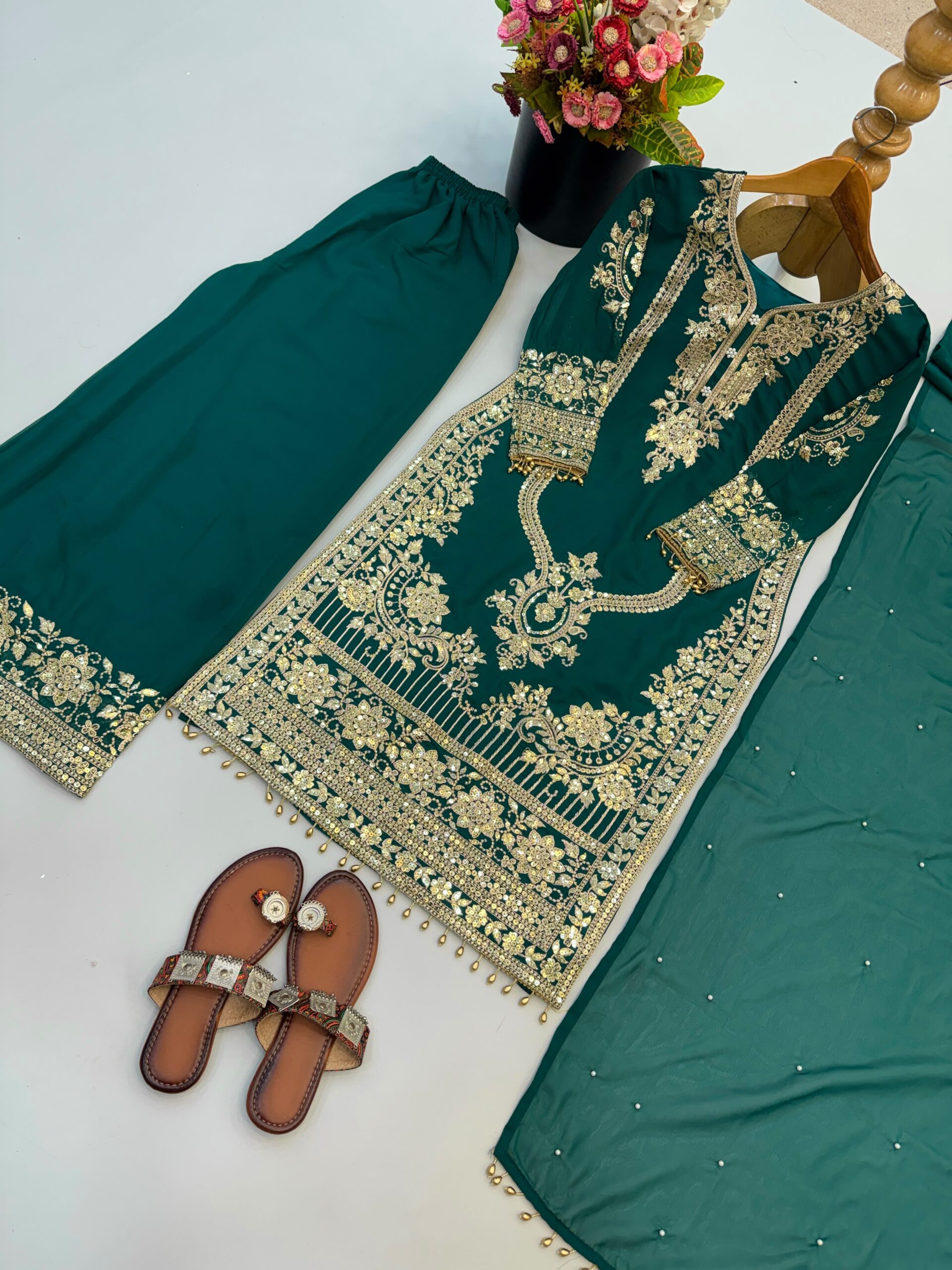 Nivara Heavy Embroidered Faux Georgette Suit Set with Lace Border Dupatta Set — Wholesale Kurtis, Vardan Ethnic wholesale from Surat - Gallery Image 7