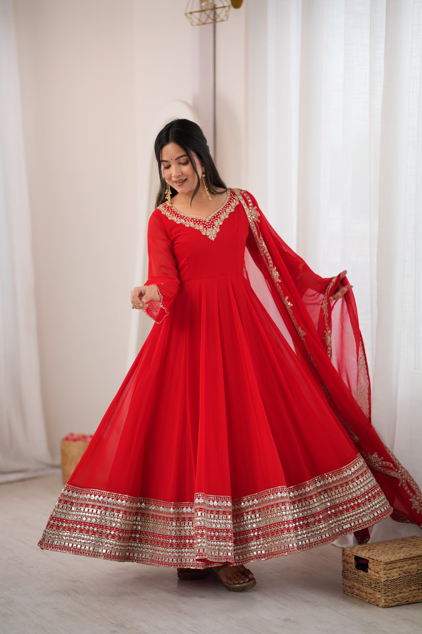 Nivara Heavy Georgette Paper Mirror Embroidered Gown With Pant &amp; Dupatta Set — Singles, Vardan Ethnic wholesale from Surat — view 8