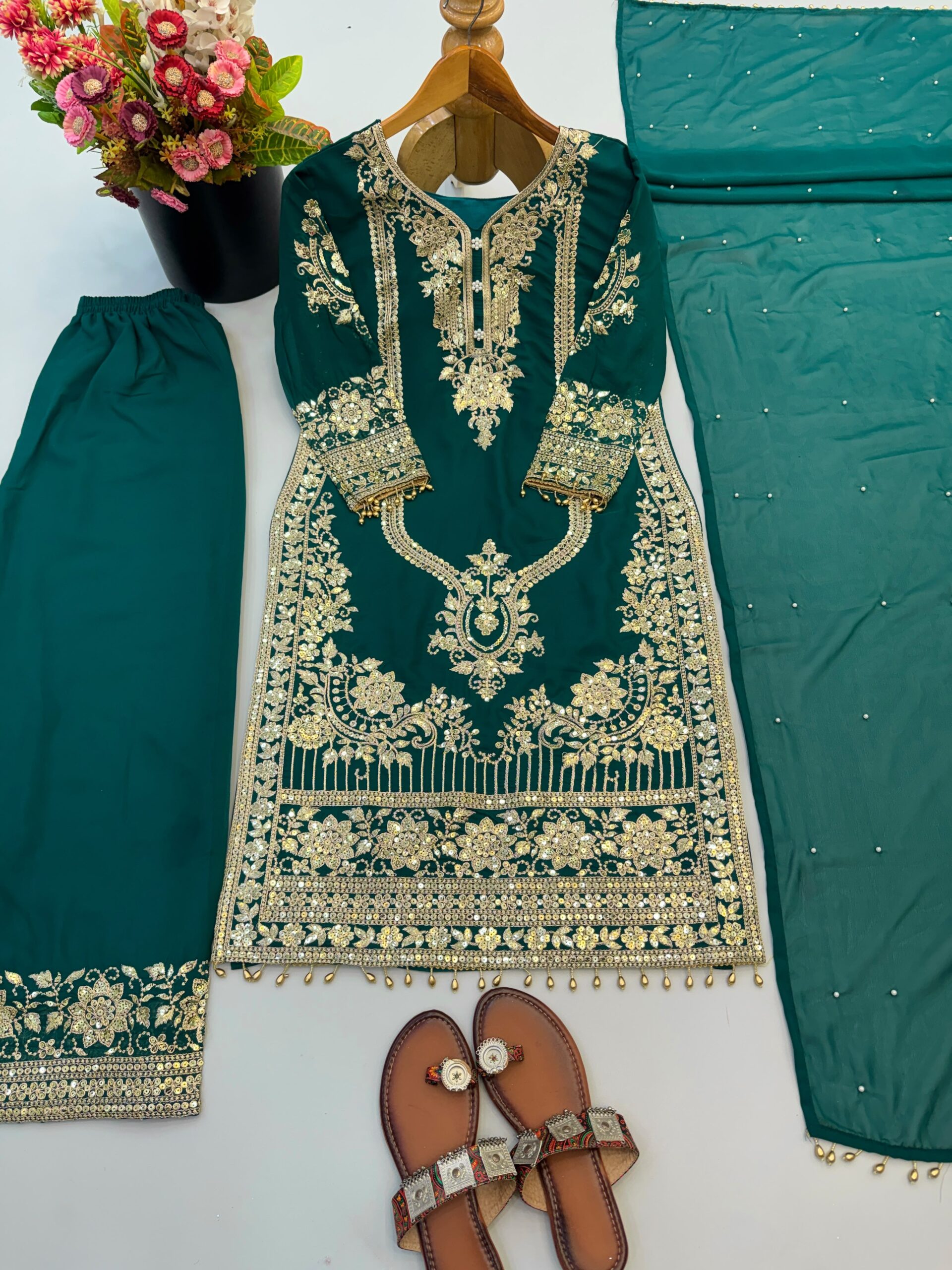 Nivara Heavy Embroidered Faux Georgette Suit Set with Lace Border Dupatta Set — Wholesale Kurtis, Vardan Ethnic wholesale from Surat — view 8