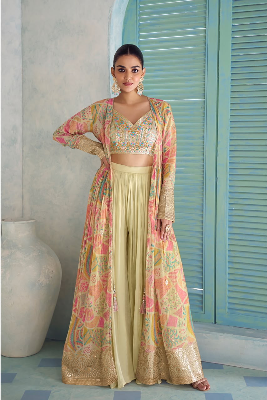 Gulkayra Designer Saheen Real Chinon Digital Embroidered Jacket Palazzo Set — Wholesale Lehenga, Vardan Ethnic wholesale from Surat — view 2