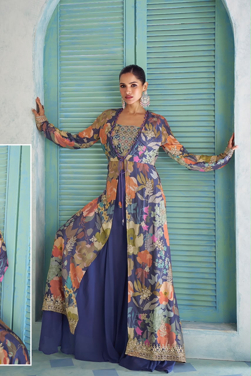 Gulkayra Designer Saheen Real Chinon Digital Embroidered Jacket Palazzo Set — Wholesale Lehenga, Vardan Ethnic wholesale from Surat — view 3